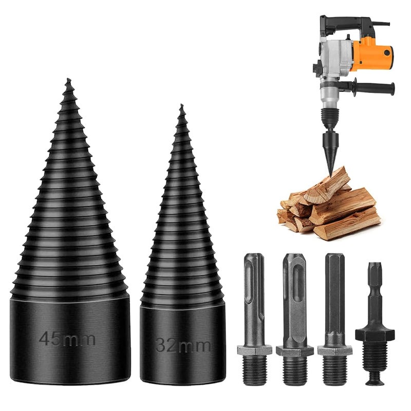 Skiwali Firewood Log Splitter 2 Pack 45mm+32mm Easy Log Splitting Drill Bits Heavy Duty Electric Drills Screw Cone Driver Tools Split Wood Efficiently for Dry Soft Woods + 4 Drill Attachments - Image 1
